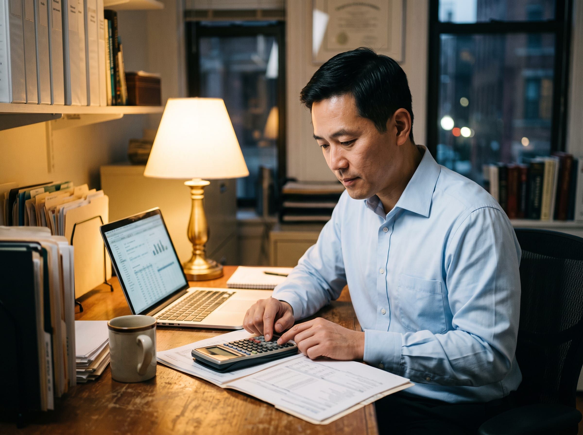 Owner weighing a purchase at his desk