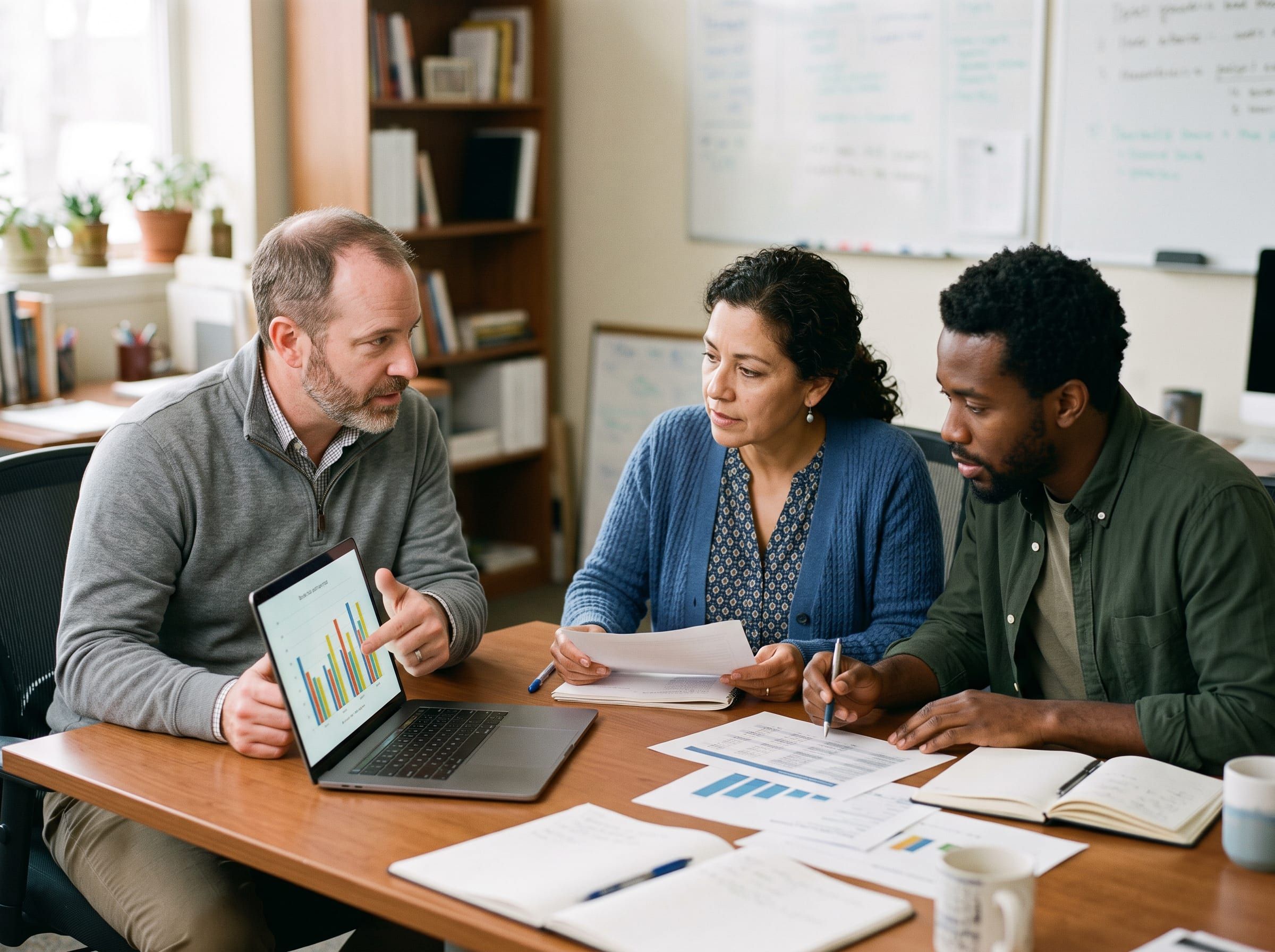 Advisor presenting a chart to an owner and her operations lead