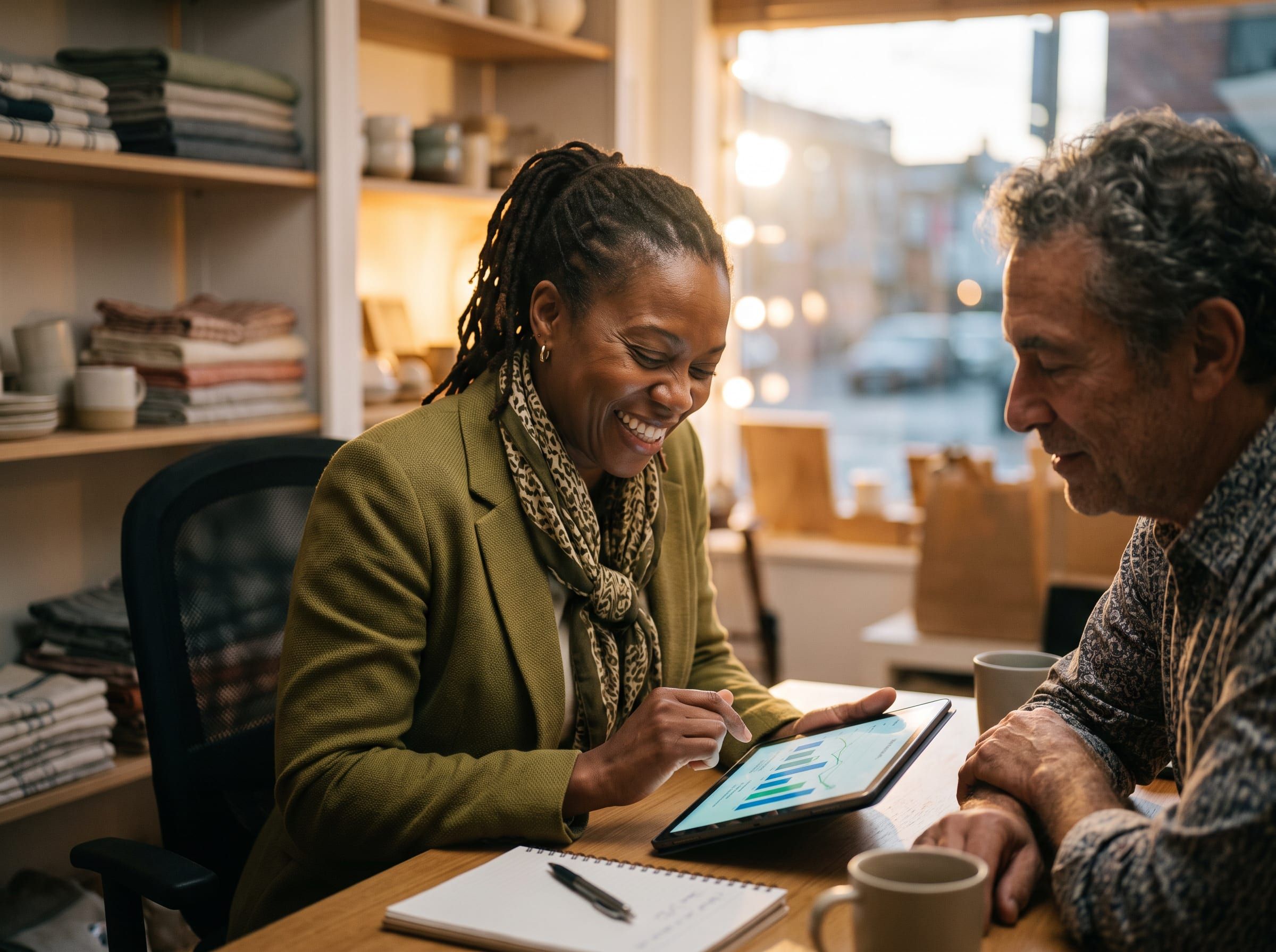 Owner smiling at upward trending results on a tablet