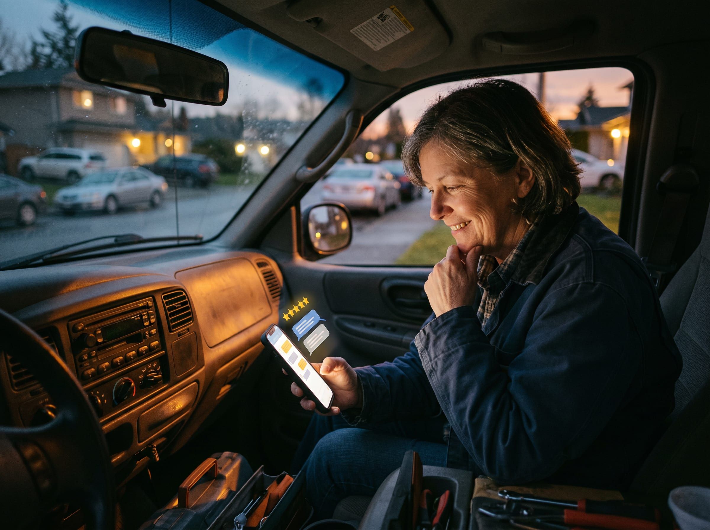 Owner in her truck reading a new five-star review after hours