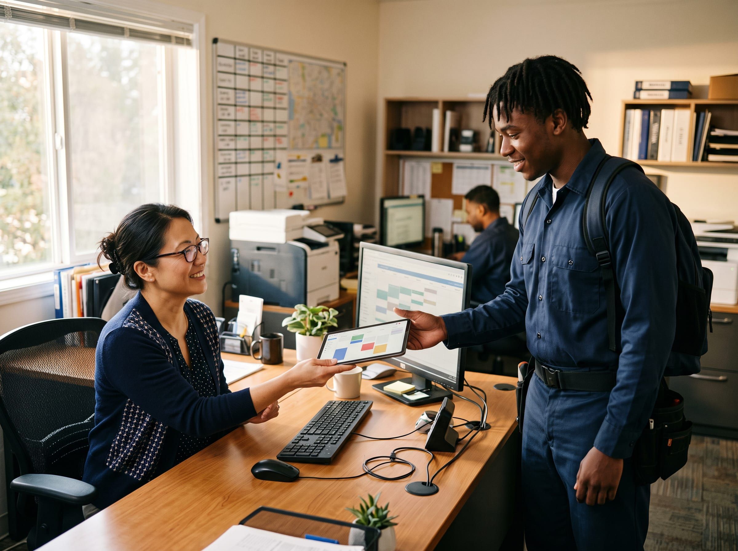 Office manager handing a technician his scheduled jobs